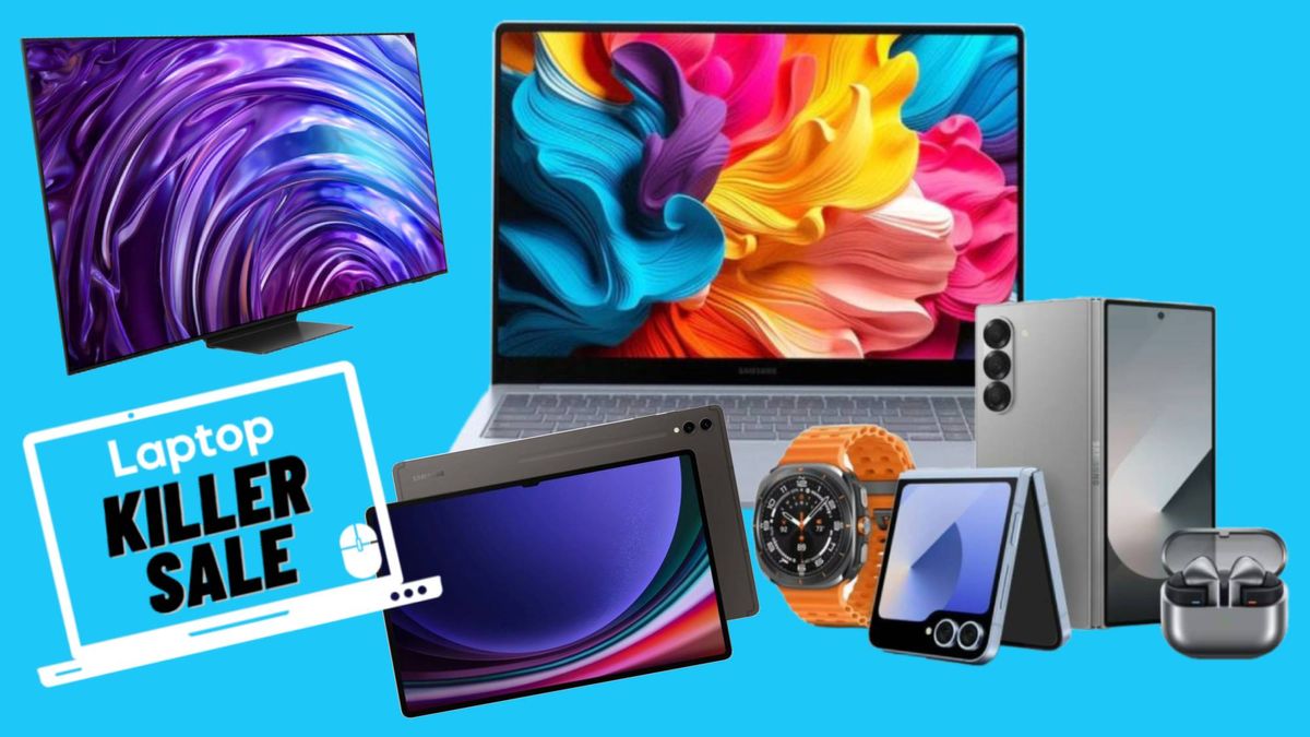 Samsung laptop, TV, tablet, phones and wearables against a blue background