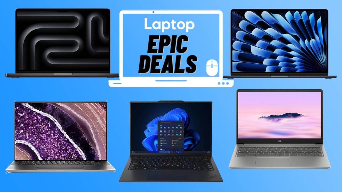 Black Friday laptop deals graphic with Dell XPS 15, MacBook Air M2, MacBook Pro M3, ThinkPad X1 Carbon Gen 12, HP Chromebook Plus