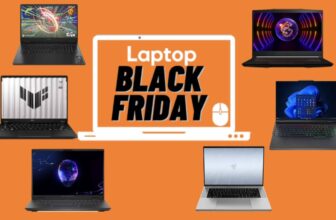 Alienware, Asus, HP, Lenovo, MSI, and Razer gaming laptops against orange background with Black Friday Laptop Mag logo