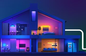 Purple/blue rendering of a home with a number of different colored lights inside, with a circuit-like line leading into it.