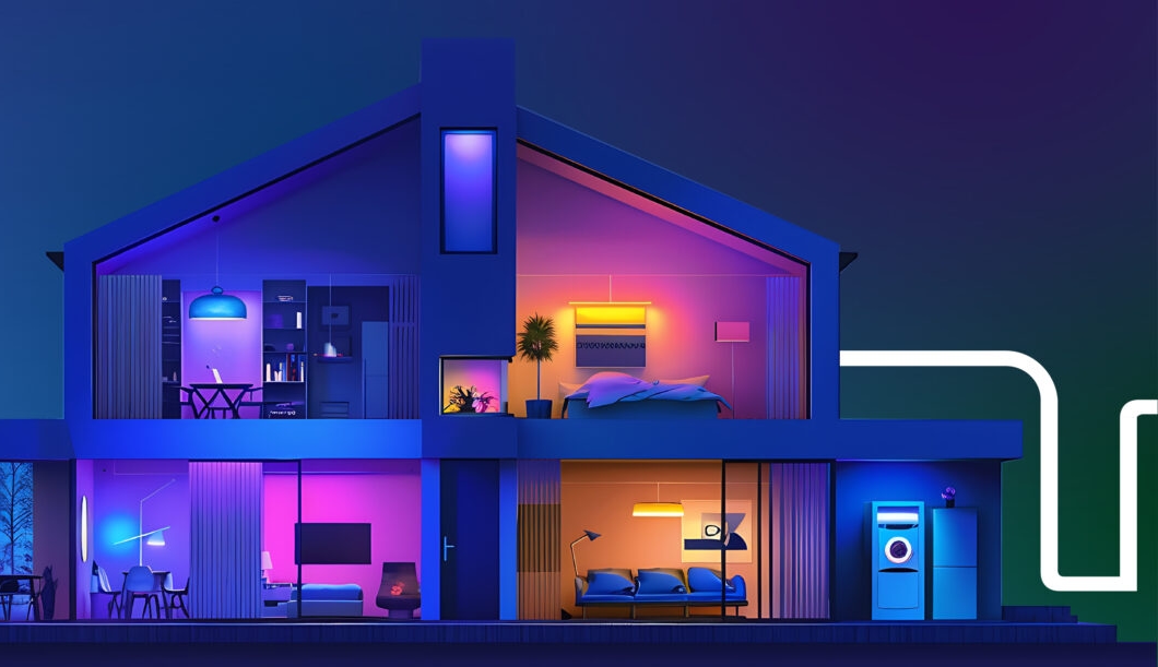 Purple/blue rendering of a home with a number of different colored lights inside, with a circuit-like line leading into it.