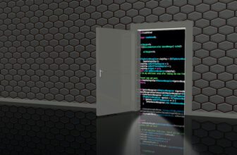 Stylized illustration a door that opens onto a wall of computer code.