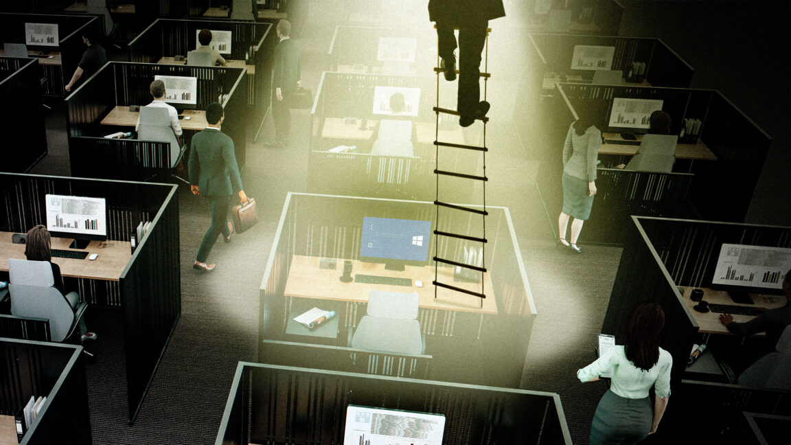 An office worker climbs a rope ladder to escape cubicle hell