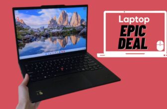 Laptop reviewer holding Lenovo ThinkPad T14s Gen 6 aginst red background