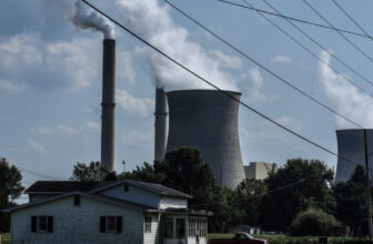 A house is in the foreground of two smokestacks that are emitting plumes.