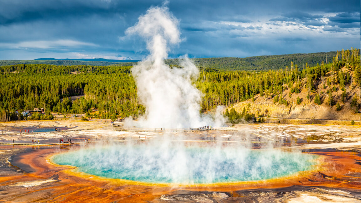 Image of two brightly colored hydrothermal pools set against a forested hillside.