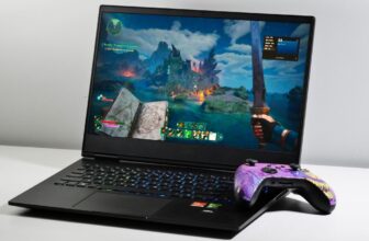 HP Omen 16 open on a white table next to a purple Xbox Series X controller. The image highlights the game Avowed which is displayed on screen.