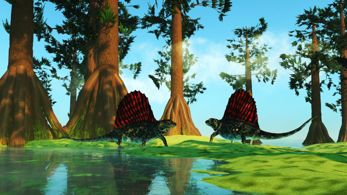 Image of two large reptiles in a swampy environment with lots of trees. The animals and trees are nothing like today's suggesting a scene from the distant past.