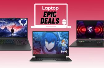 Lenovo Legion Pro 5i, Alienware x16 R2, and MSI Vector 16 HX AI gaming laptops against red gradient background with epic deals badge.