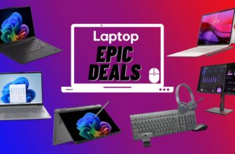 Lenovo ThinkPad X1 Carbon Gen 13 Aura Edition, Lenovo ThinkBook 14 Gen 8, Lenovo Yoga 7i 2-in-1, Lenovo Yoga Tab Plus, Lenovo WFH Bundle, Lenovo Monitor against red, purple, and blue gradient background.