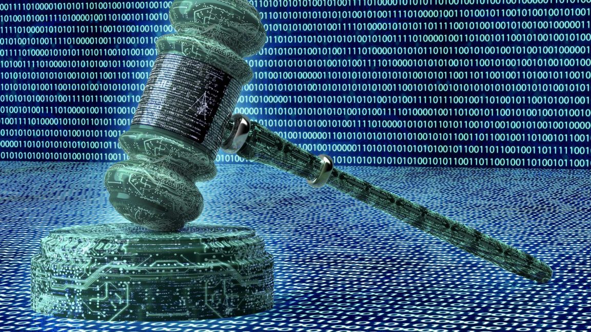 Illustration of a judge's gavel on a digital background resembling a computer circuit board.