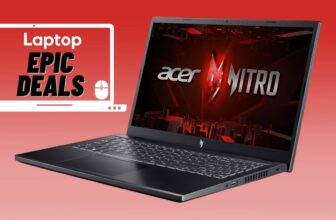 Dark gray Acer Nitro V gaming laptop against red gradient background with epic deals laptop sticker on the left.