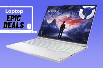 Glacier white Lenovo Legion 7i Gen 9 against blue gradient background with epic deals laptop sticker.
