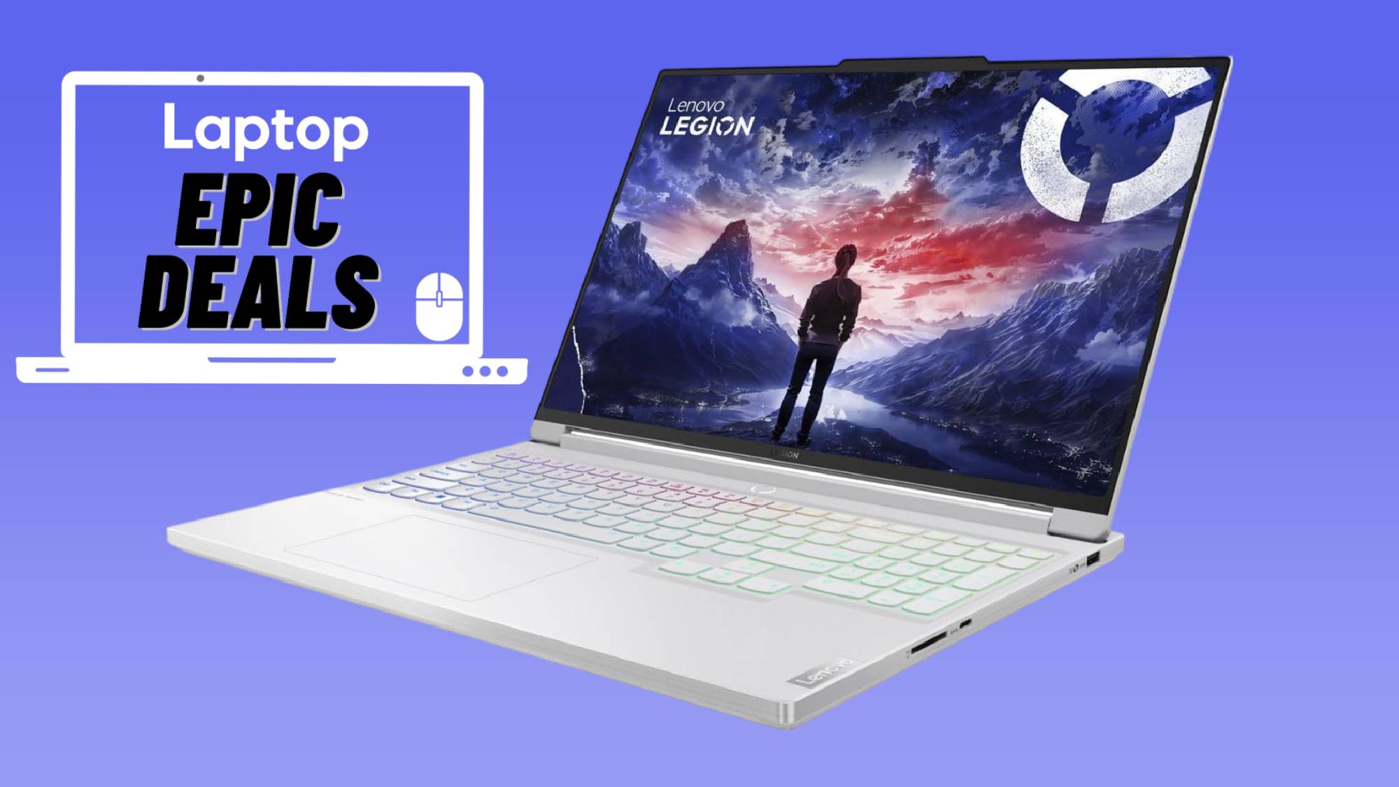 Glacier white Lenovo Legion 7i Gen 9 against blue gradient background with epic deals laptop sticker.