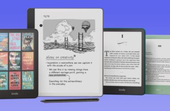 From left to right, the Amazon Kindle Colorsoft, Kindle Scribe with pen, Kindle Paperwhite, and green Kindle e-reader against a blue gradient background.
