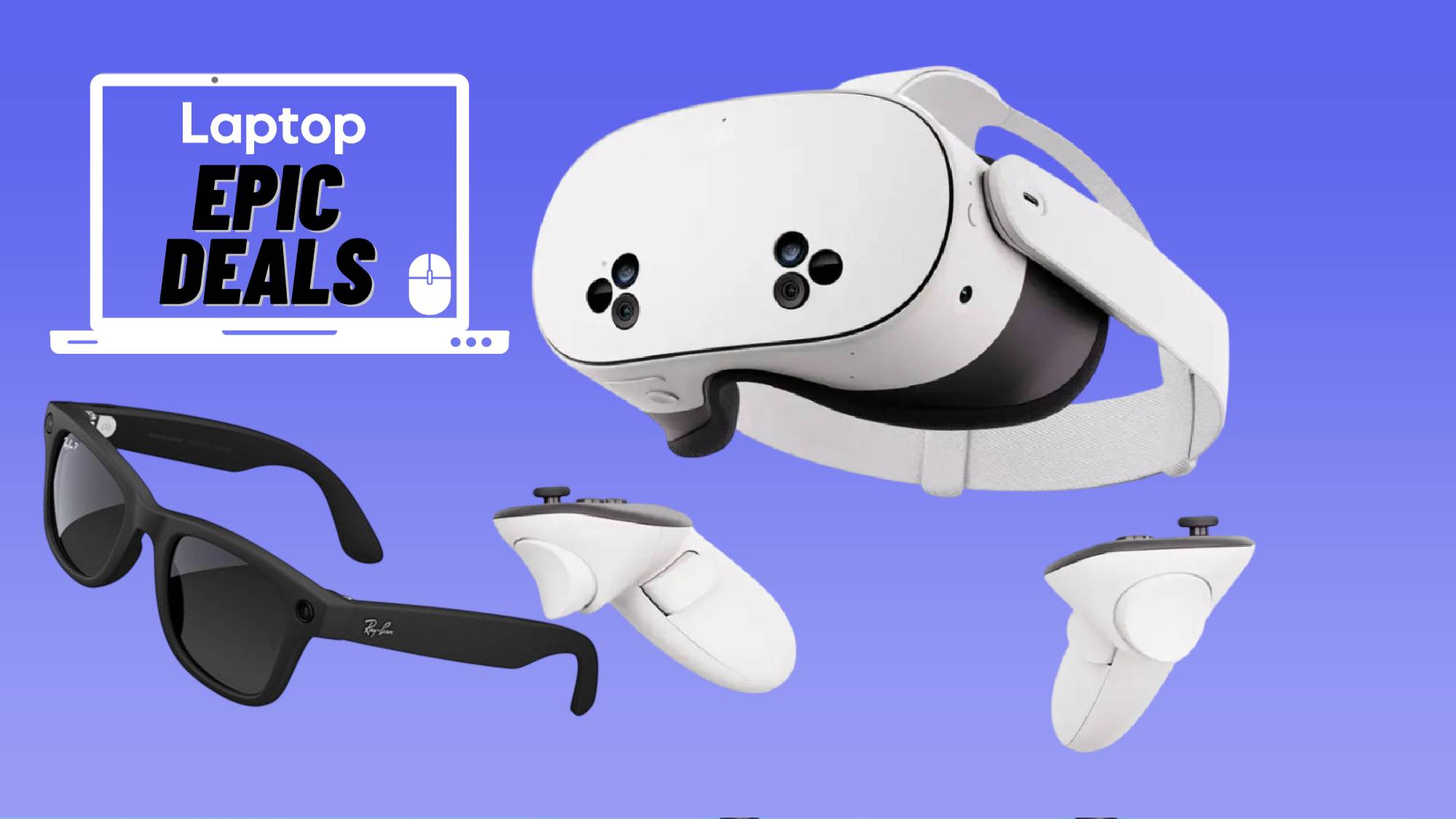 Meta Quest 3S with touch controllers and Ray-Ban Meta glasses against a blue gradient backgroud with epic deals text.