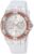 GUESS Stainless Steel + Rose Gold-Tone White Stain Resistant Silicone Watch with Day + Date Functions. Color: White (Model: U1053L2)